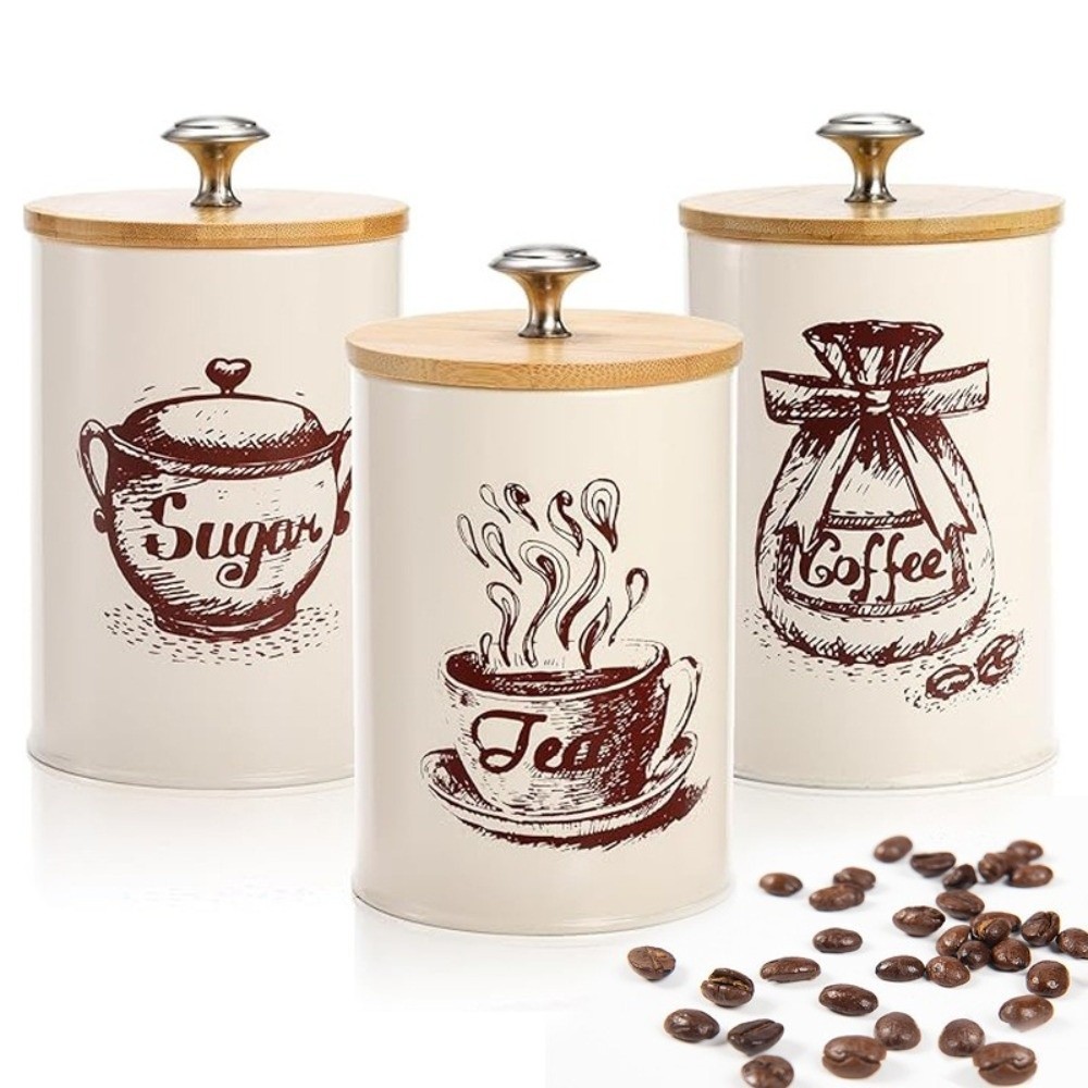 Coffee Tea Sugar Container Set - 3-delige metalen koffiebusset met grote capaciteit